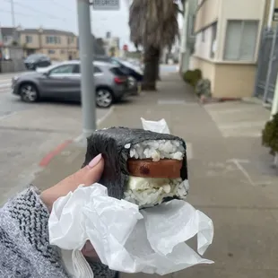 Soft boiled egg musubi