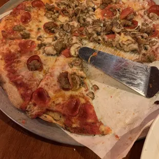 Large pepperoni, mushroom, sausage pizza