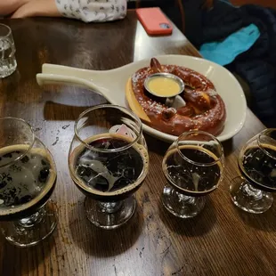 Beer flight and pretzel