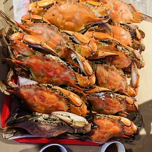 a tray of cooked crabs