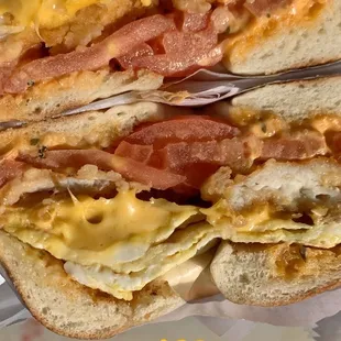 Chicken egg and cheese bagel with bacon