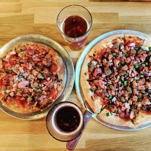 9 inch, all meats pizza + 13 inch all meats and veggies pizza (sorry I don't remember the names)