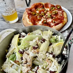 Greek salad and personal pepperoni and jalapeño