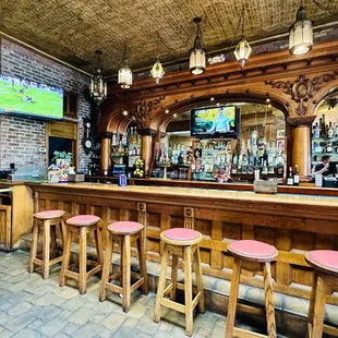 a bar with stools