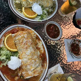 Mayan Burrito w/ added Green Sauce (top) &amp; Azteca Burrito w/ half shredded beef, half chicken