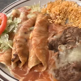 Three rolled beef tacos plate! It&apos;s the best!