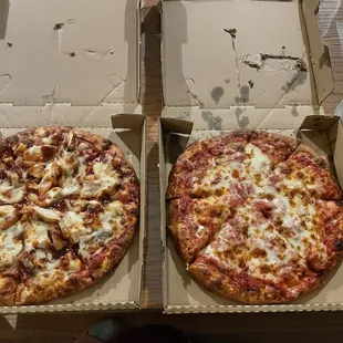 Hawaiian BBQ Chicken Pizza and cheese pizza, both small 10" and diet coke