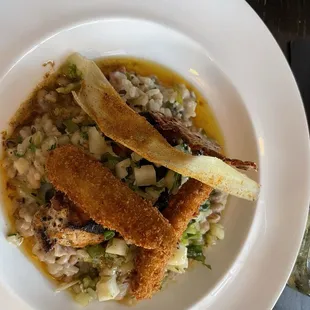 Grouper with hopin John risotto and crispy okra
