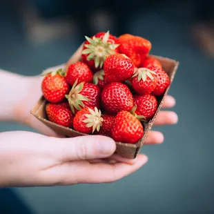 a person holding a box of strawberries