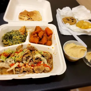 Shawarma, creamed spinach, sweet potatoes, hummus