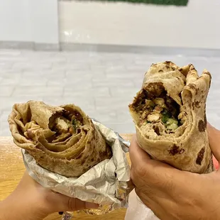 Chicken Shawarma wrap left, Chicken Shawarma with Falafel wrap right