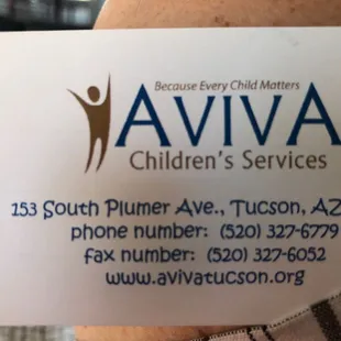 Business Card.  Motto : Because Every Child Matters.