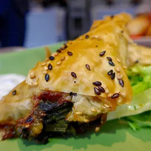 Happy Hour Hand-Made Spinach Pie - Spanakopita with spinach, herbs and spices in a crispy hand-made filo dough! So good!