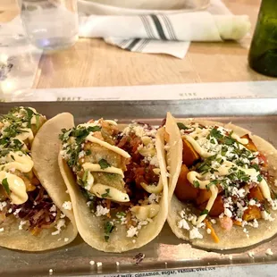 3 Corn Tortilla vegetarian tacos ($13) - two with fried avocado and 1 taco with sweet potatoes