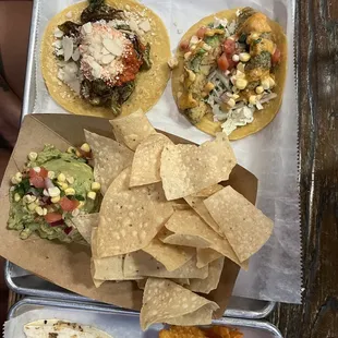 Tacos and chips with guacamole