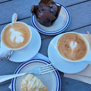 Lemon scone, chocolate muffin and decaf cappuccinos with extra foam and cinnamon