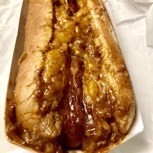 Chili-cheese-dog. Nice... please pass the hot sauce ASAP.