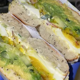 Bagel w/ soft boiled egg, cream cheese, avocado and cucumber