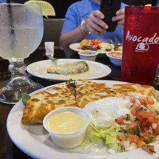 Margarita, steak quesadilla, side chili releno