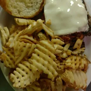 Mushroom and swiss with waffle fries