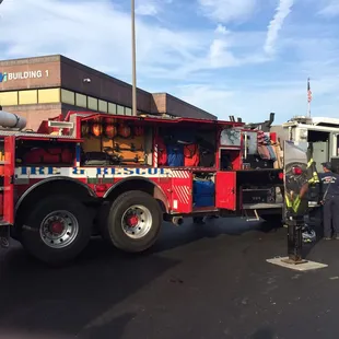 a fire truck and a fireman