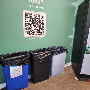 three bins with qr code on them