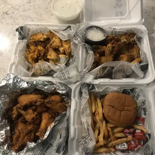 Bleu hots/medium/seasoning salt wings and a kids burger