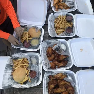 Burgers, medium wings/ribs, fries!
