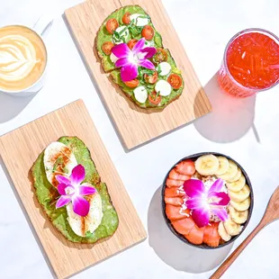 Brunch featuring eggy toast, bruschetta toasty &amp; acai bowl