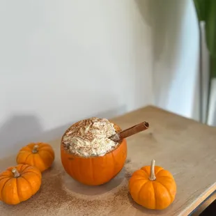 Pumpkin spiced latte in a pumpkin