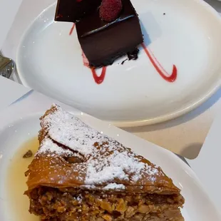 Baklava - roasted almonds delish!! Our fav!  Chocolate Yogurt Cheesecake - heavier than you expect but not overly decadent