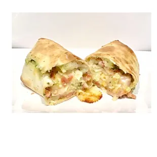 House Breakfast Burrito. Tater tots, bacon, egg, Mexican blend cheeses.