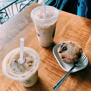 Hazelnut latte + chai tea latte + blueberry muffin