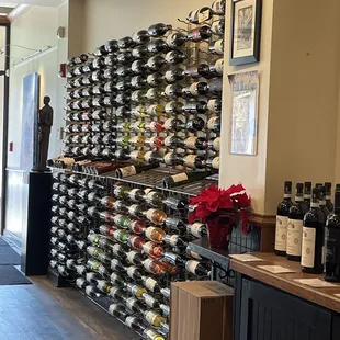 a wall of wine bottles