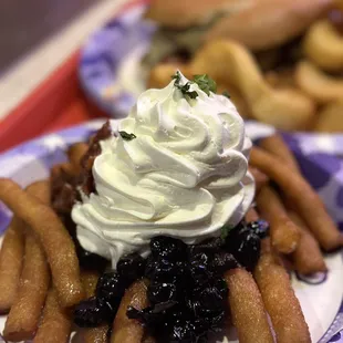Blueberry-Maple Bacon Funnel Cake Fries and Cubano Dog