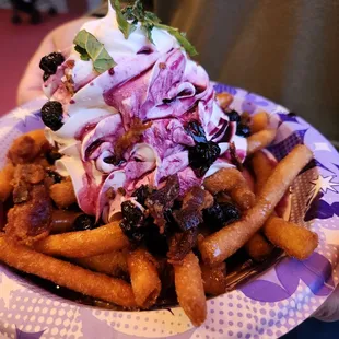 blue berry maple bacon funnel cake fries