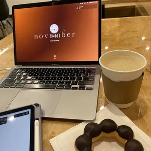Dark chocolate mochi donut &amp; hot tea