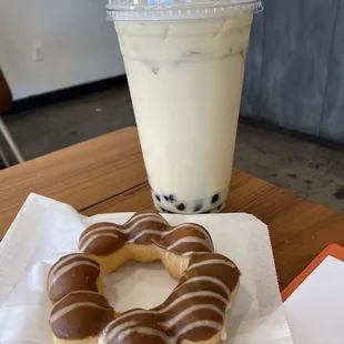 Vietnamese Coffee Mochi Doughnut, Jasmine Milk Tea with Boba