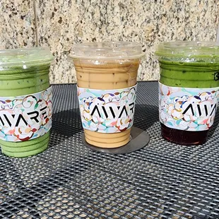 Left to right : Matcha Latte, Honey Lavender Latte and Matcha Berry