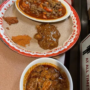 Top(in plate)- beef dish ( 1. Awash Tibs) Bottom- lamb stew( 9. Yebeg Siga Wot)