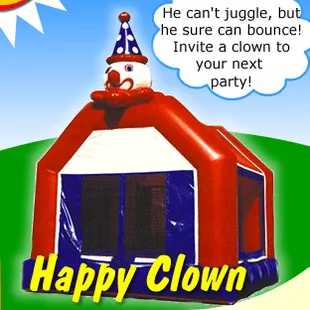 Happy Clown Bounce House - 15'x15', holds 8-12 kids at one time.