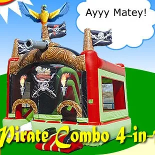 Pirate 4-in-1 Combo - 15'x15', holds 8-12 kids at one time. Features a bouncer, slide, climber and tunnel.