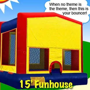 15' Funhouse Bounce House - 15'x15', holds 8-12 kids at one time.