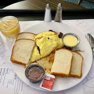 My Room Service delivery of Beef Bites Omelette meal with Orange Juice.