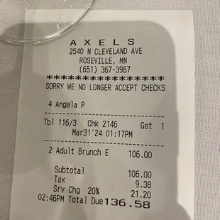 Cost for Easter brunch.