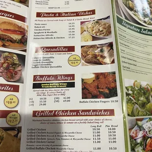 Menu (pasta, quesadillas, etc)