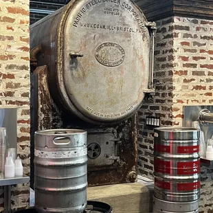 kegs stacked on a shelf