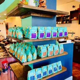 a display of coffee bags