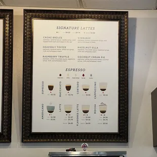 a coffee machine and a menu