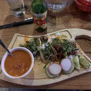 Barbicoa and carne asada street tacos with beans